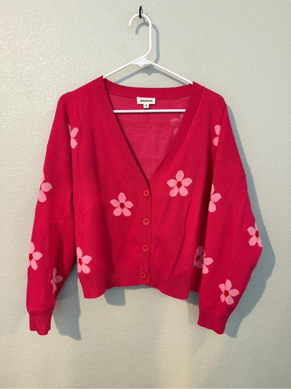 Sugarlips Hot Pink Floral Button V-Neck Cardigan